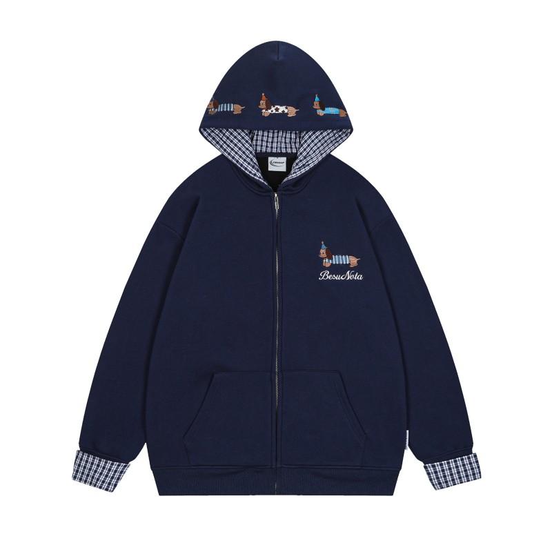 Winter Vintage American Style Dog Embroidered Hooded Fleece Cardigan Loose Fit Sweatshirt Men Women