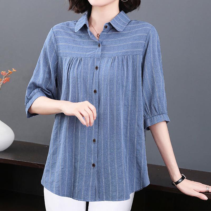 Casual Fashion Elegant Solid Color Striped Printed Button Shirt Summer New Polo-Neck Half Sleeve Loose Tops Ladies Clothing