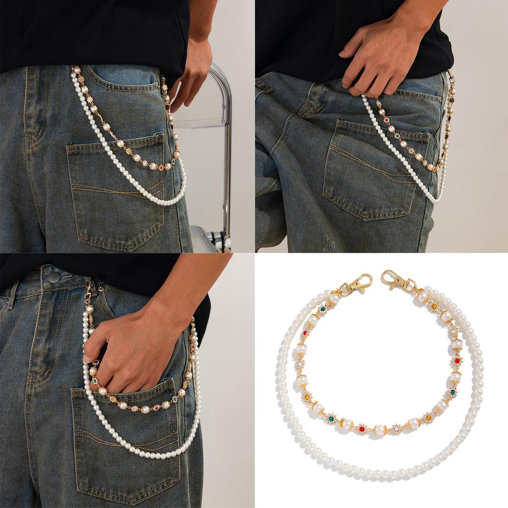 Popular Hipster Waist Chain with Flower Pearl Designs Waist Charm Street Pants Body Chain Trousers Chain Cool Accessory