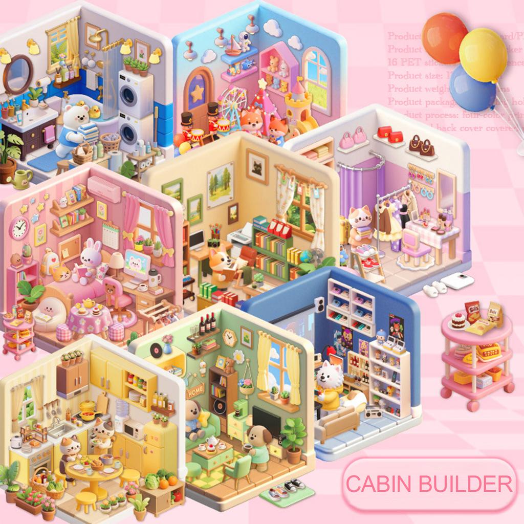 3D Miniature House Sticker Book DIY Isometric Room Scenes Creative Mini Bedroom Bakery Sticker for Adults Kids Stress Relief