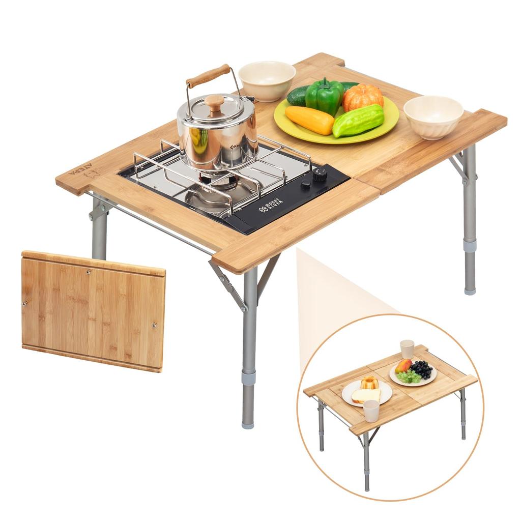 ATEPA Camping Outdoor Table Bamboo Foldable Height Adjustable Aluminum Bracket Compact Ultra Light Outdoor Storage Bag Included Sports Day BBQ Hiking