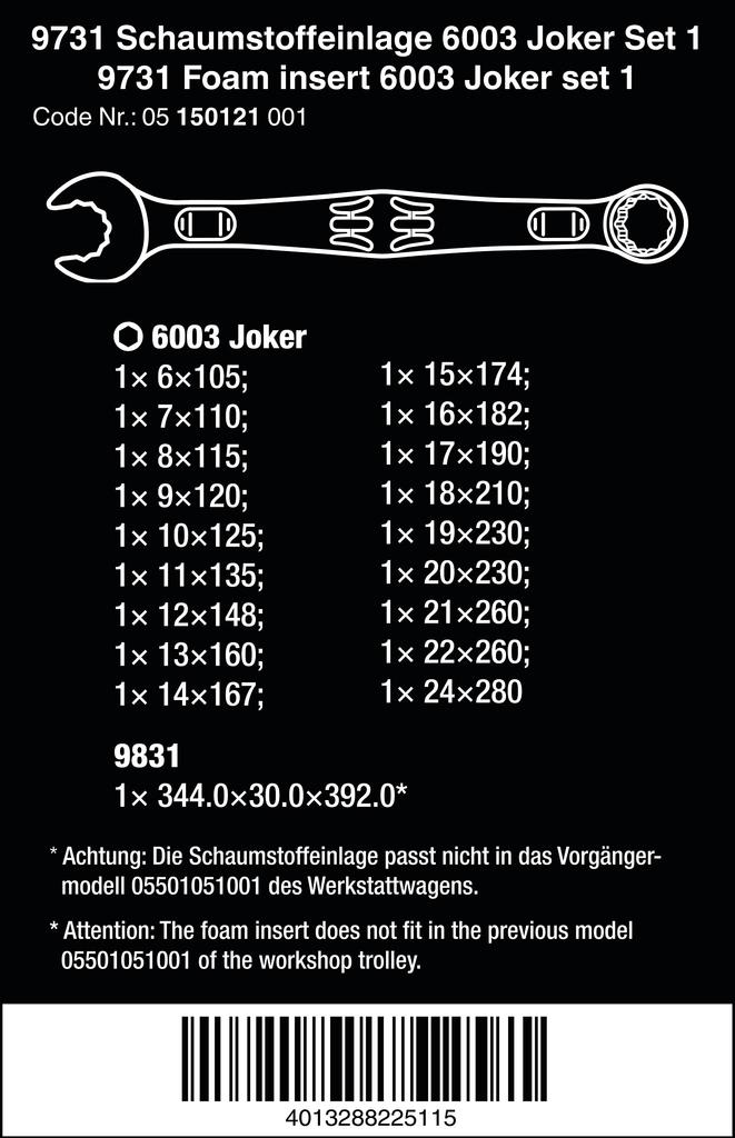 WERA JOKER6003 Набор комбинированных ключей и открывалок для бутылок с пенопластовым вкладышем, 19 предметов (150121)