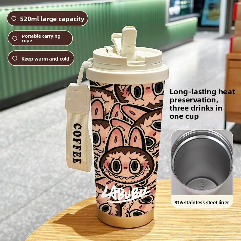 Large Capacity 316 Stainless Steel High Value Double Drink Thermos Cup Seven Labubu Cloth Straw Car Coffee Cup
