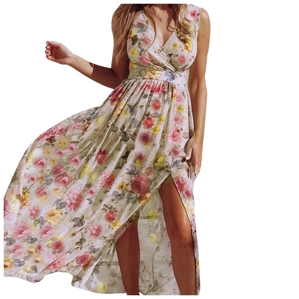Женское модное летнее платье без рукавов с глубоким v-образным вырезом и принтом, длинное платье