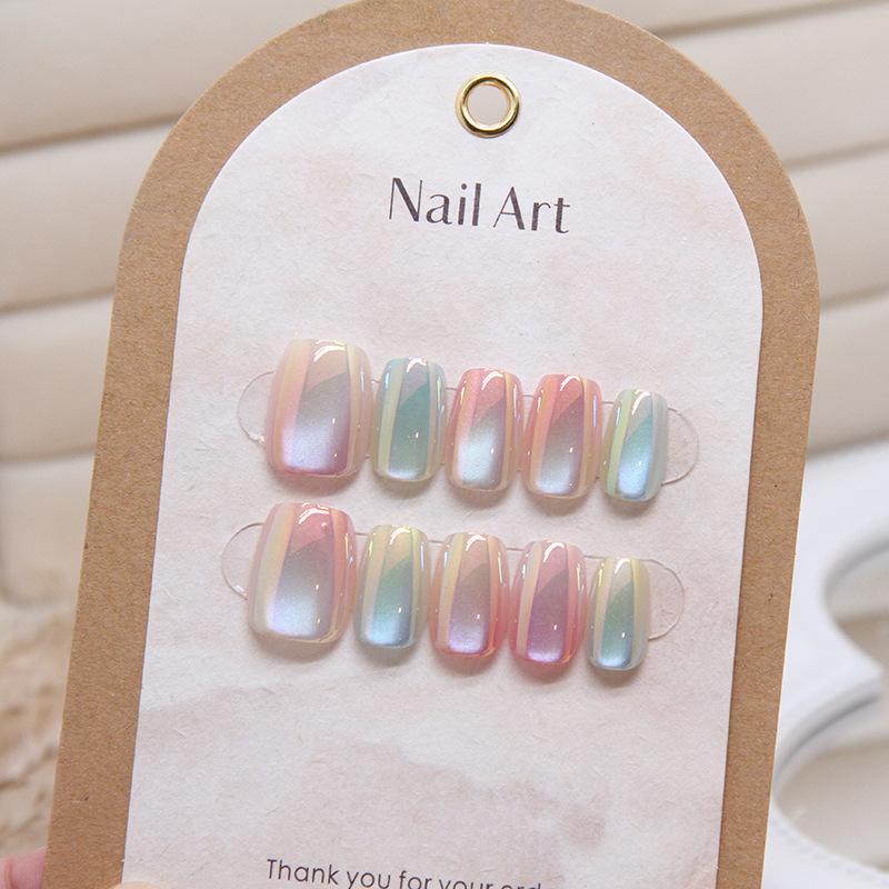 10pcs Short Candy Color Rainbow Gradient Cat's Eye False Nails Square Head Girl Lady Press On Nail Wearable Detachable Nail Tips