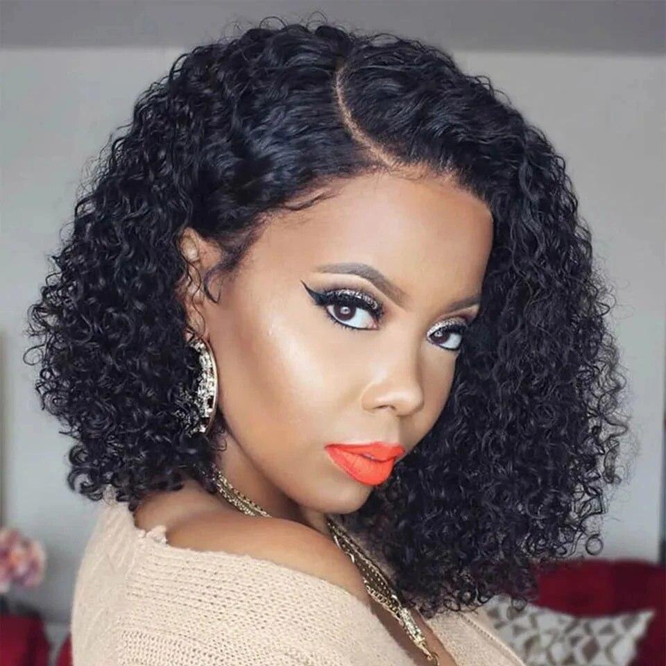 180D глубокая волна вьющиеся волосы спереди Боб Парики Боковая часть парик шнурка предварительно сорванные прозрачные бразильские глубокие вьющиеся парики Боб