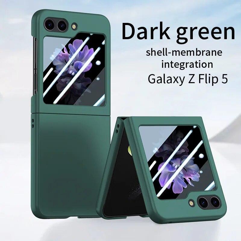 Чехол для Samsung Galaxy Z Flip 5 5G, ультратонкий чехол на ощупь, сплошной цвет с закаленным стеклом, полный чехол на 360 градусов для Z Flip5