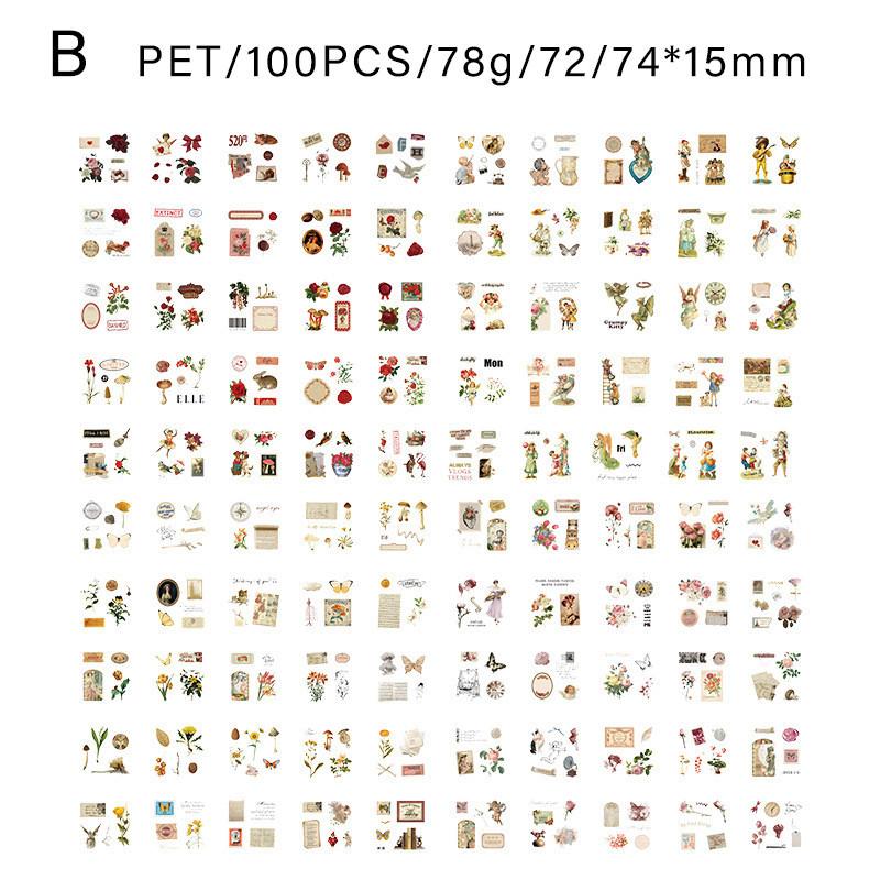 100Sheets/pack Vintage Stickers Waterproof PET Material Children Stationery Sketchbook Diary Scrapbook Supplies for Kids