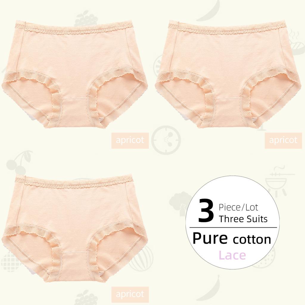 3Pieces/Lot Plus Size Comfortable Pure Cotton Women's Panties Lace Edge Cotton Crotch Panties Underwear Briefs