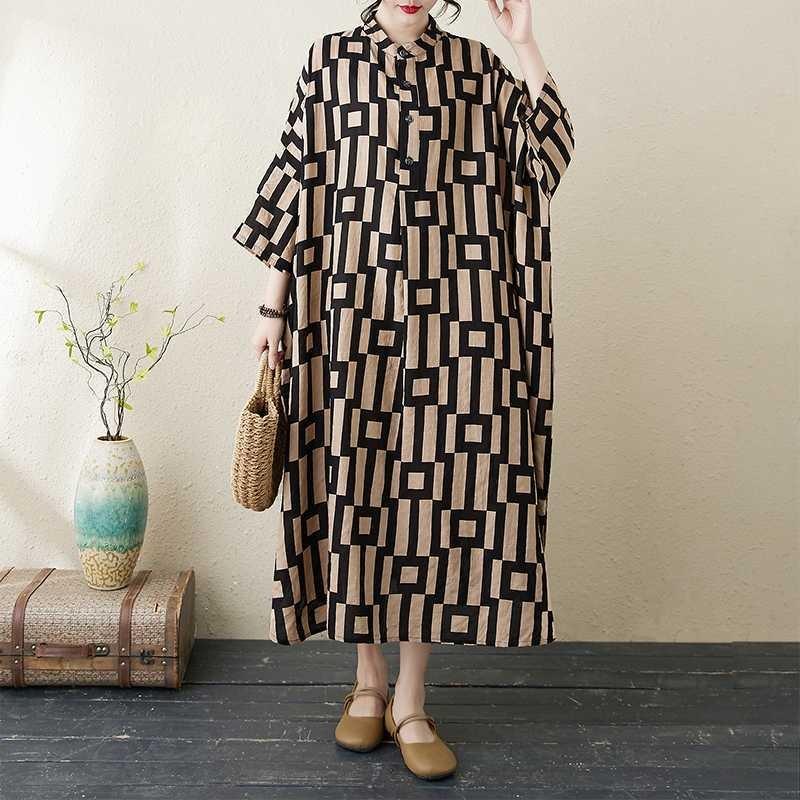 Платье для отпуска 2025 года с принтом и воротником-стойкой, свободного покроя, очень большого размера