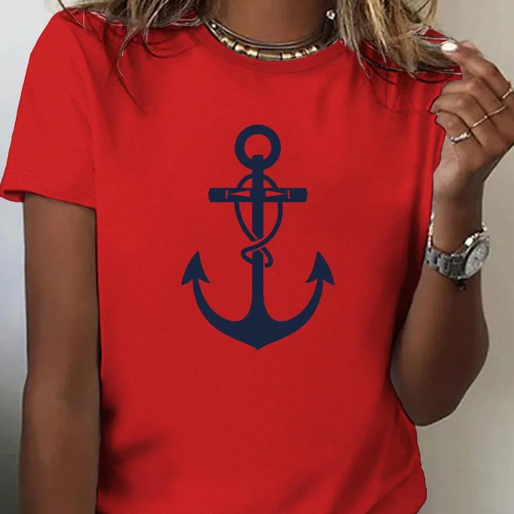 2024 новая стильная футболка для женщин, топ с принтом якоря, летние футболки большого размера для женской одежды, женская мода с круглым вырезом, большие размеры