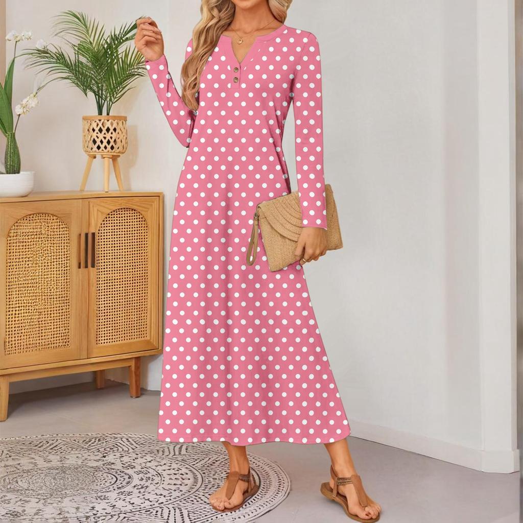 Women Polka Dot Printed Long-sleeved Comfortable Loose Dress, Elegant Dress