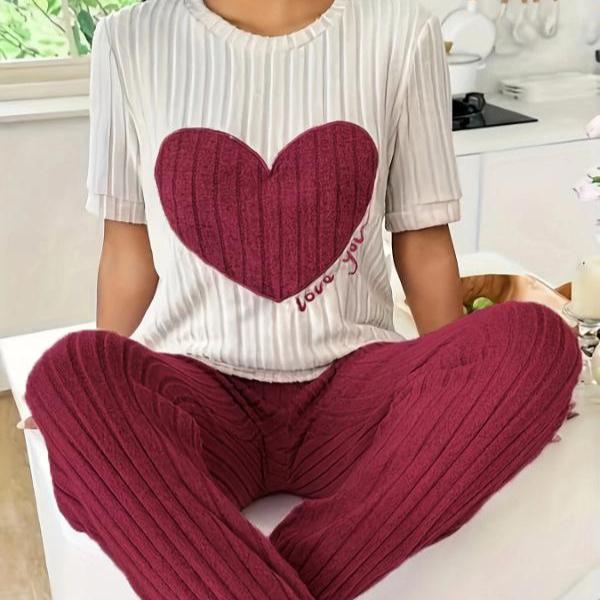 Женский осенний пижамный комплект Sweet Love: Круглый вырез, короткий рукав и брюки - удобная домашняя одежда из двух предметов