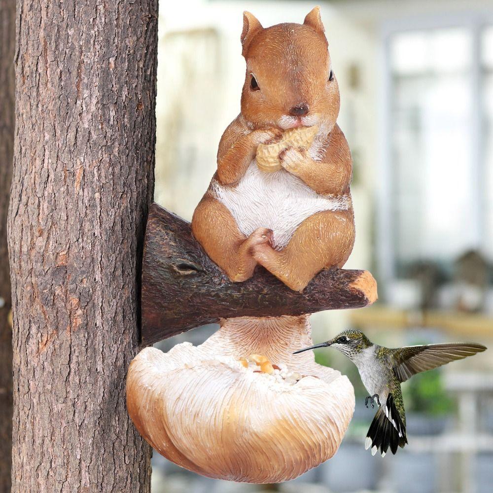 Resin Bird Feeder Cute Art Statue Multi Functional Squirrel Tree Hanging Micro Landscape