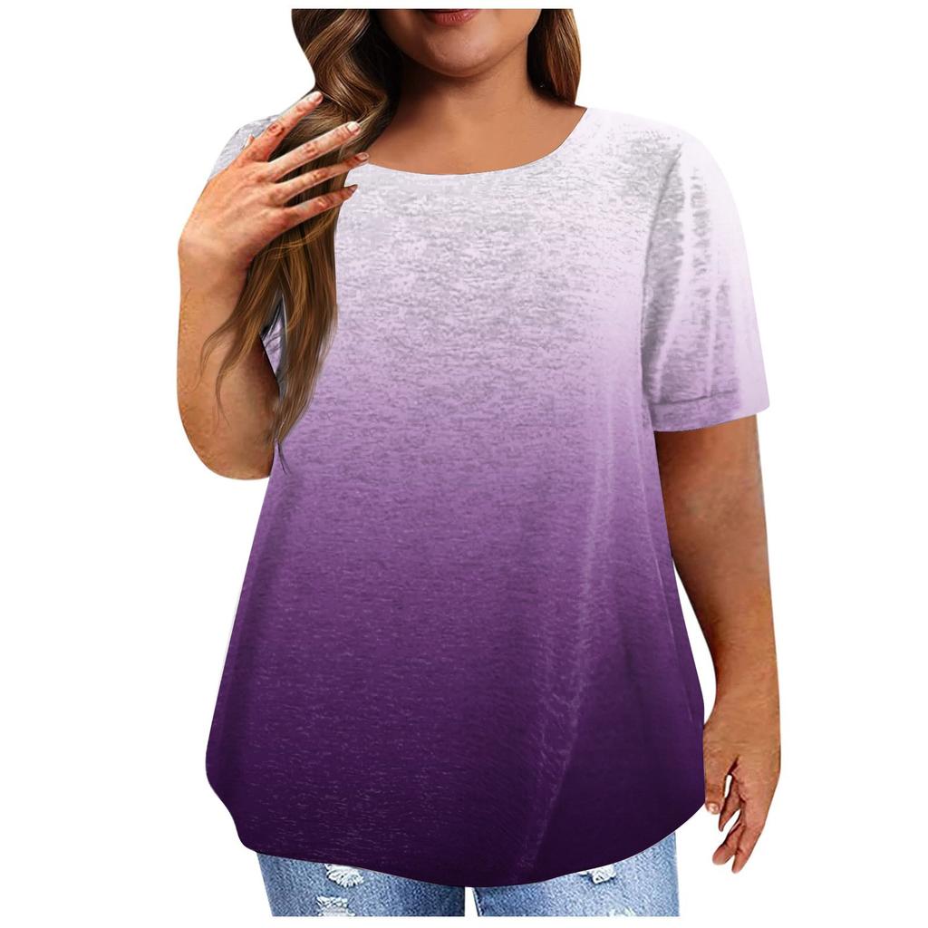 Women's Vintage Gradient Pleated Short Sleeve Casual T-shirt Top Plus Size Pullover Basic Top