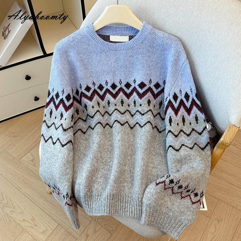 Корейская Мода Осень Зима Женский Базовый Свитер О-образный вырез Контрастный цвет Вязаный пуловер Длинный рукав Толстый Теплый Вязаный Верхняя одежда