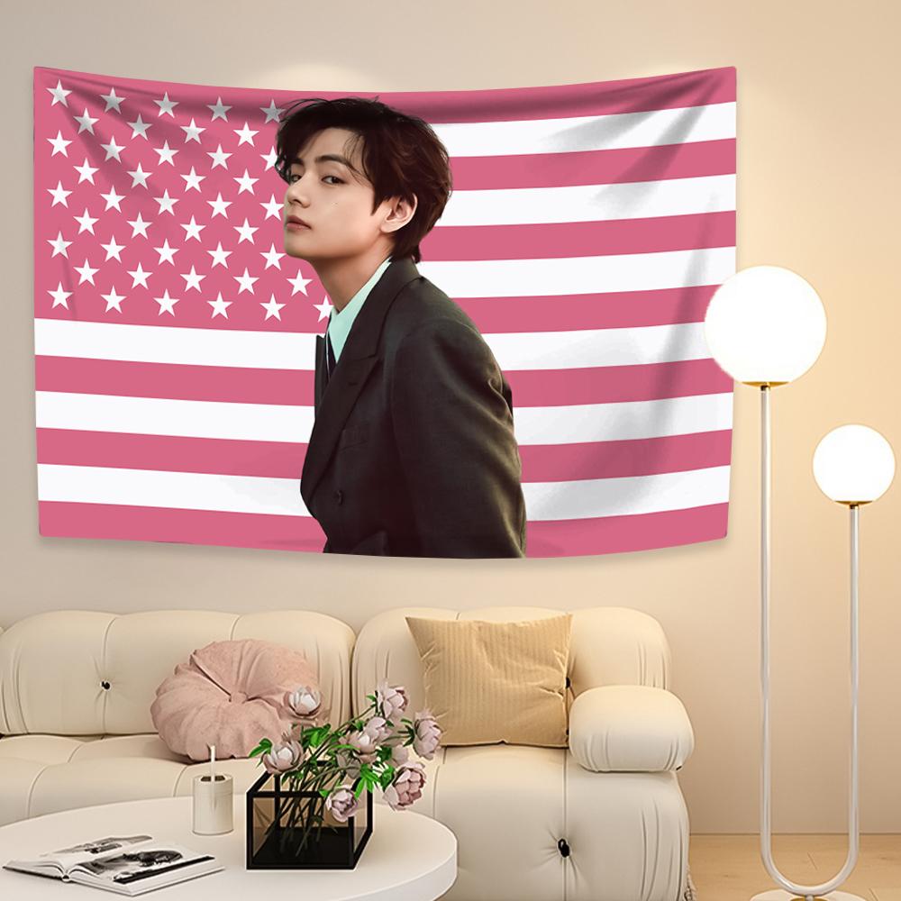 Taehyungs American Flag Tapestry Kpop Idol Home Decor Wall Hanging Bedroom Background Indoor Outdoor Decor Concert Banner