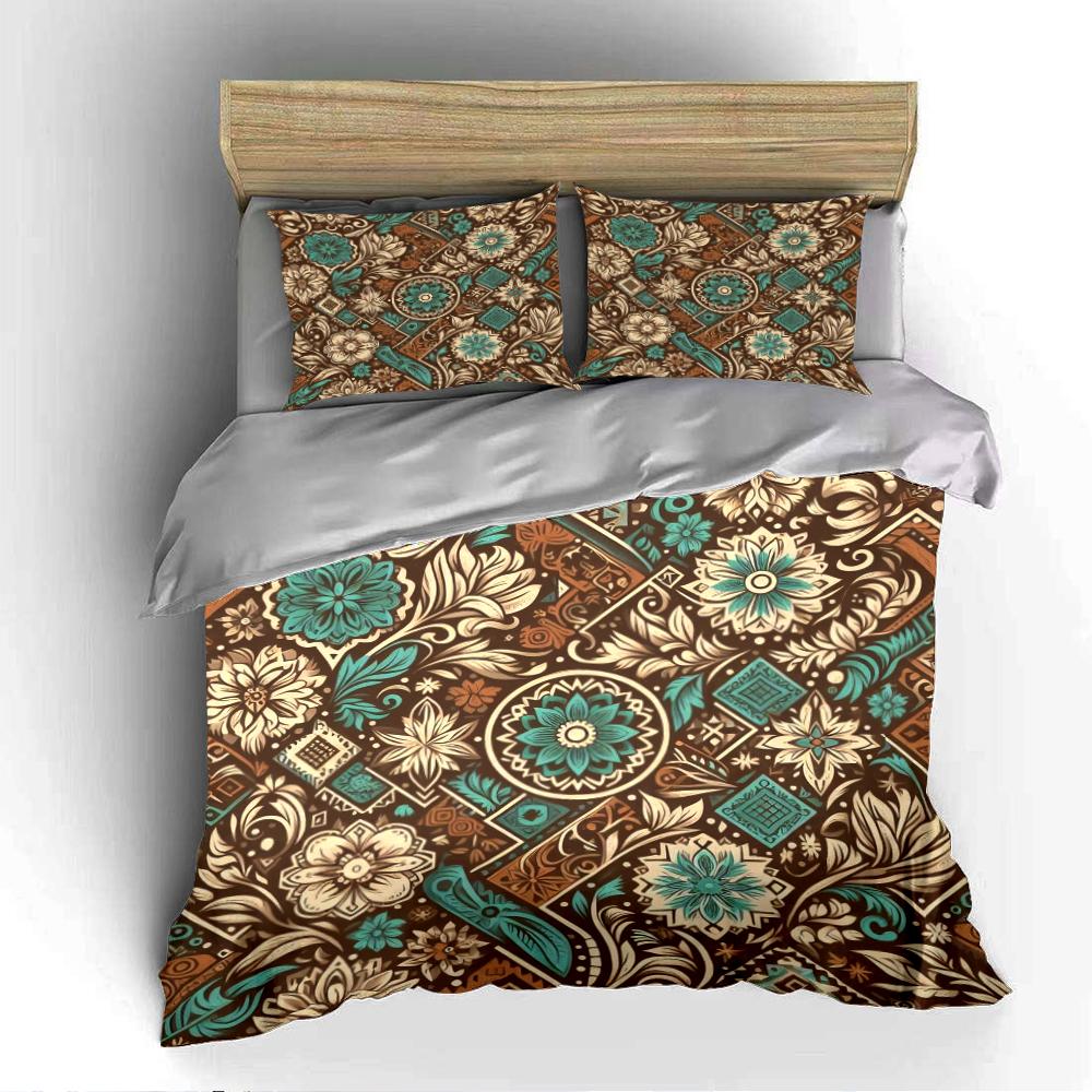 Floral Mandala Brown and Teal Bedding Set Bedding set (1 duvet cover, 2 pillowcases, duvet not included)