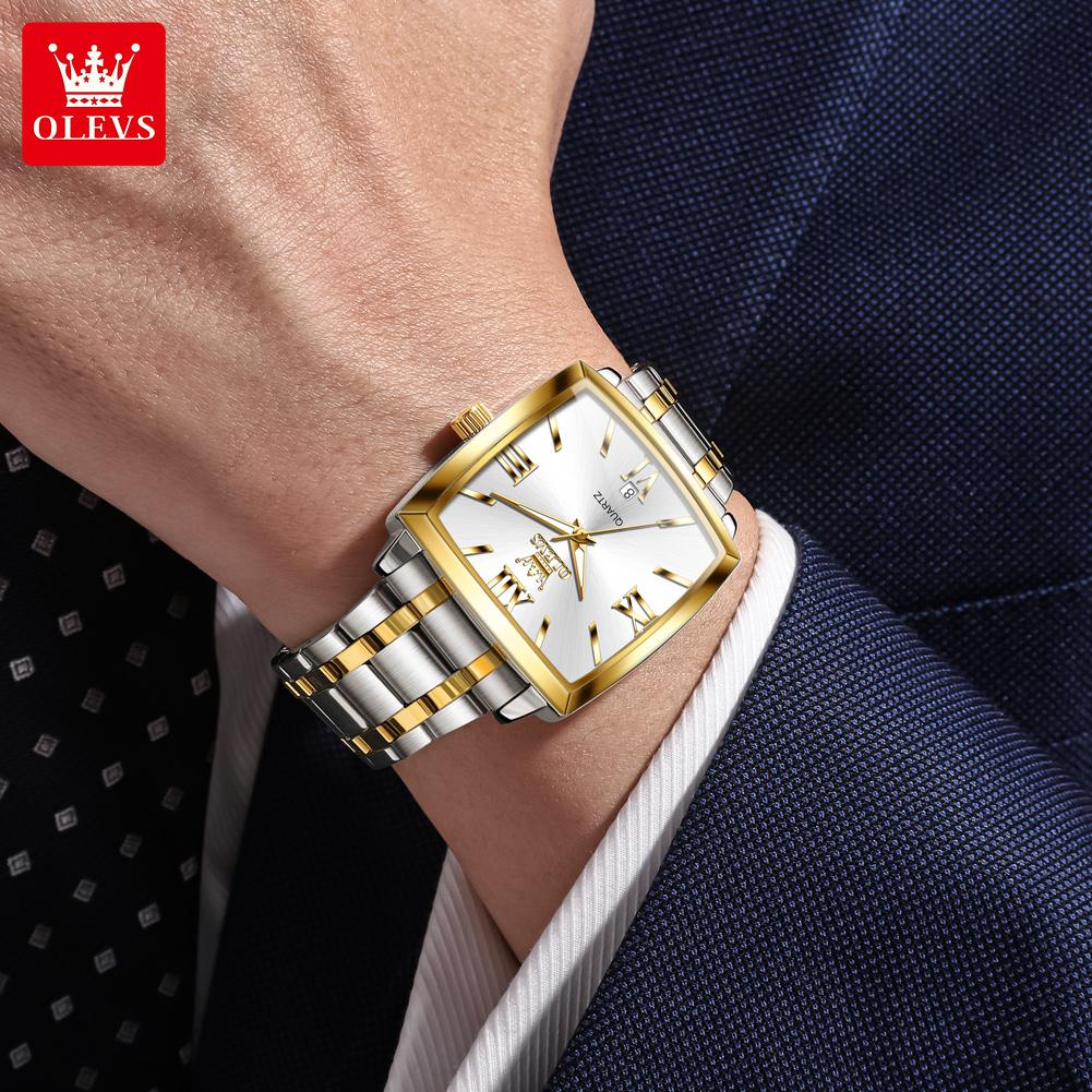 OLEVS 2969 Mens Watch Original Luxury Square Quartz Watch Stainless Steel Waterproof Luminous Sports Automatic Date Watches