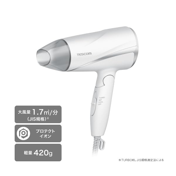 TESCOM Protect Ion Hair High Cold and Warm Dryer, Foldable, Airflow, Lightweight, Air, White, TD360A-W
