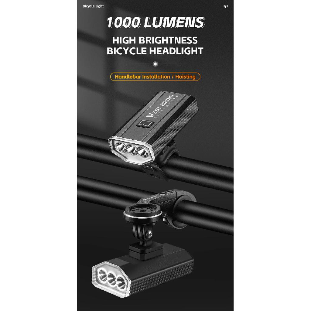 WEST BIKING 1000 Lumen Bike Light IPX6 Waterproof Bicycle Headlight High Brightness Portable LED Flashlight Bicycle Accessories