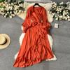 Women Elegant Satin Bandage Ruffled Irregular Dress High Waisted Ladies A-line Vintage Party Evening Long Dresses