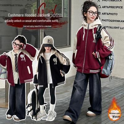 Повседневное зимнее пальто для девочек 2025: Трендовая толстовка на молнии с круглым логотипом, утепленная для тепла