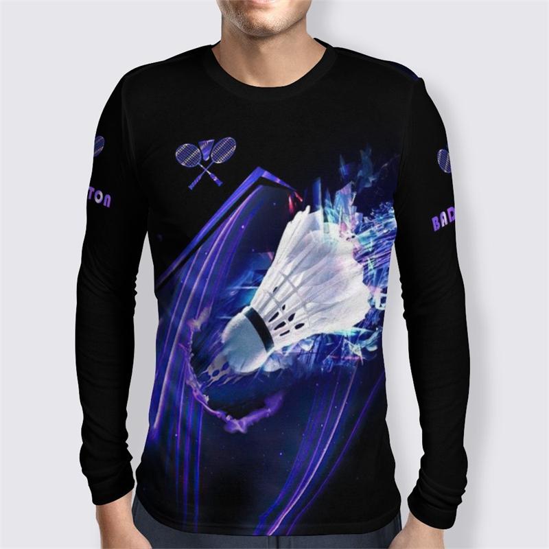 3D Badminton Printed Top Casual Sports Long Sleeved Men's T-shirts - Soft Medium Stretch Polyester Fabric Spring and Autumn Relaxed Fit Clothing