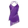 Womens Latin Dance Leotard Sleeveless Halter Neck Rhinestone Tassels Backless Competition Costume