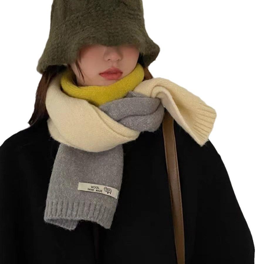 New Winter Three Color Contrasting Scarf for Women Woolen Knitted Warm Shawl Trendy Universal Scarf for Men Versatile