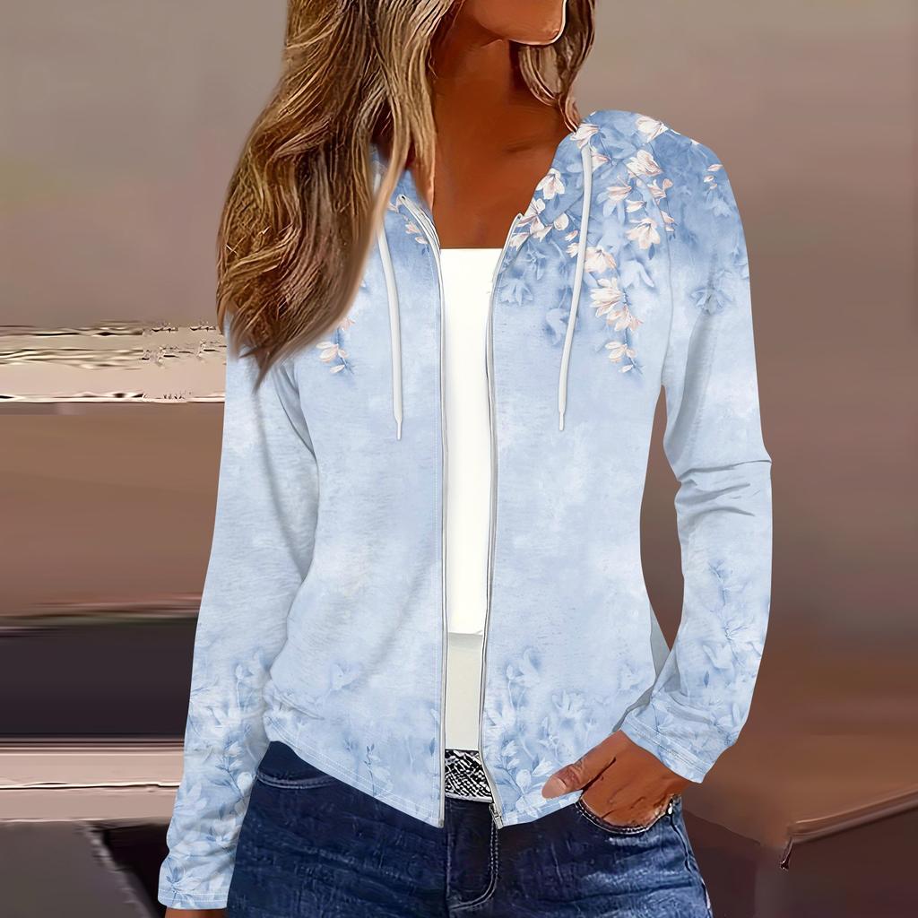 Women's Fashion Casual Zip Up Hooded Print Long Sleeve Sweatshirts Coat