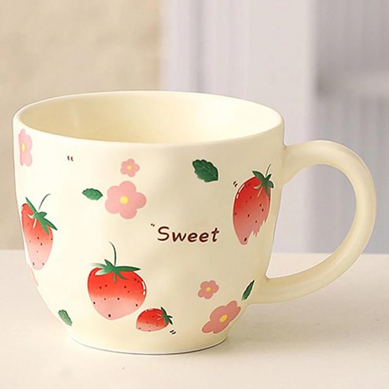 Cute Fruit Pattern Ceramic Mug Strawberry Coffee Cup Oatmeal Breakfast Cup Water Cup Valentine's Day Present Couple Water Cups