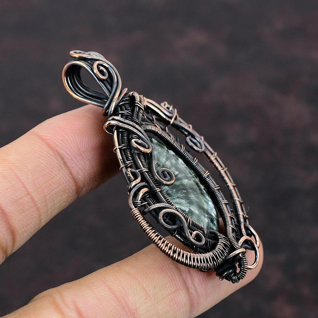 Подвеска серафинит, медная проволочная обертка, подвеска из драгоценных камней, ручная работа, проволочная обертка, ювелирные изделия, стильная подвеска, подарок для нее, медные украшения