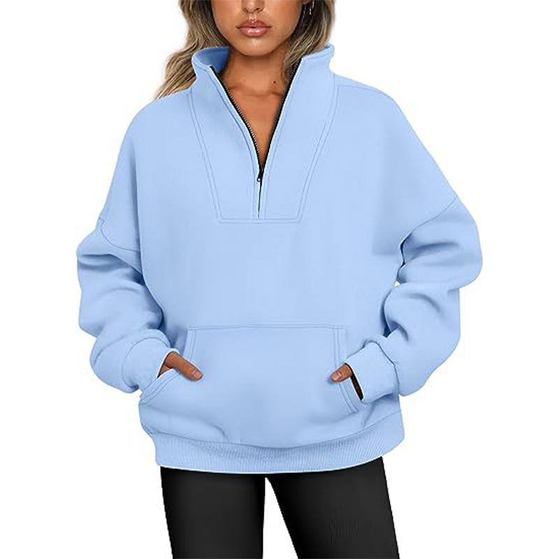 Women's Sweatshirt Stand Collar Solid Color Fashion Pocket Zipper Tops Casual Loose Fleece Ribbed Pullover