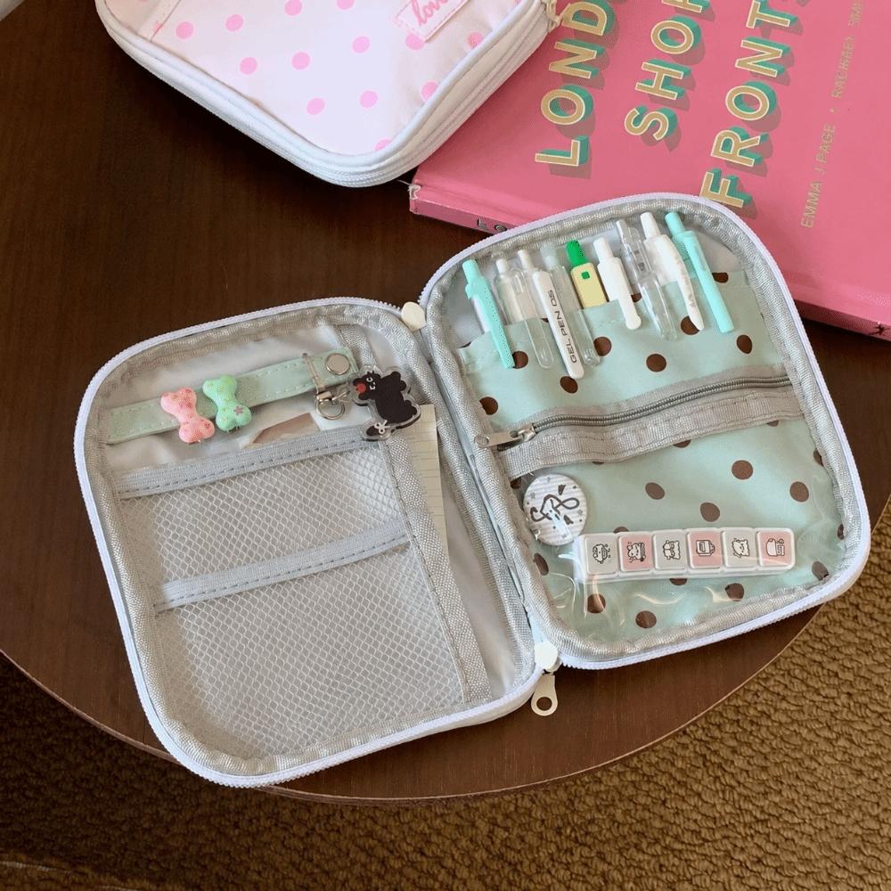 Polka Dot Print Pencil Pouch Multi-compartment Pen Bag Durable Stationery Organizer  Back To School