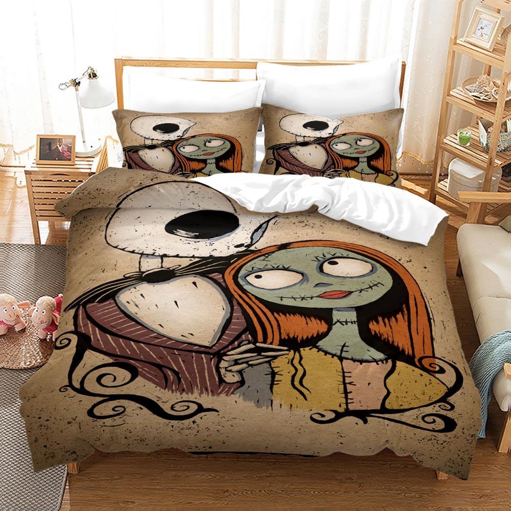 3pcs Queen Size Duvet Cover Sets, Nightmare Before Christmas Jack and Sally Rose Decor Bedding Set 2/3pcs Polyester Quilt Cover