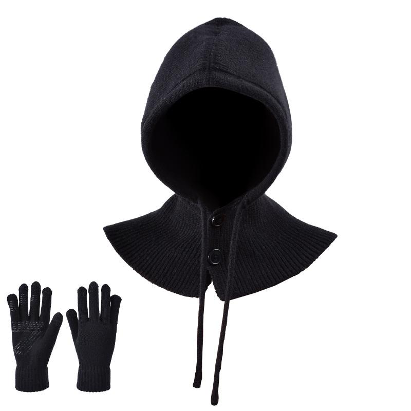 Winter Outdoor Warmer Balaclava Hats Women Girls Knitted Hooded Hats Scarf and Gloves Set Drawstring One-piece Neck Collar Beanies Caps