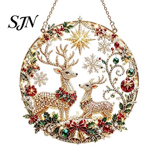 Festive Indoor Winter Ornament Christmas Faux Diamond Art Kit, Santa Angel Sun Catcher DIY Acrylic Sparkling Holiday Home Decor Round