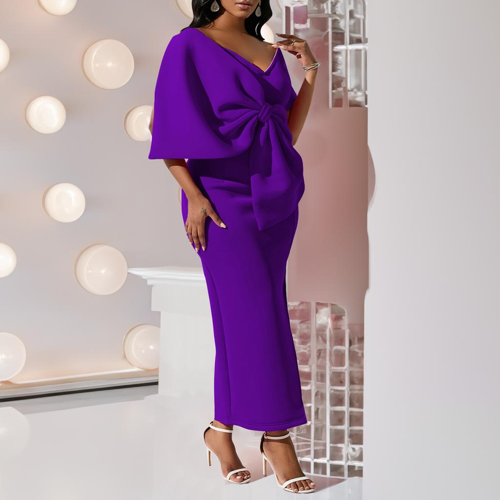 JKASHDK Women's Fashion Summer Spring Solid Color Print Short Sleeve V-Neck High Waist Cocktail & Evening Dresses