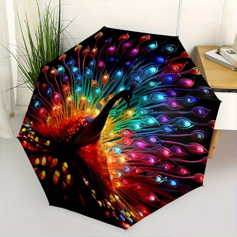 1pc Colorful Feathers Peacock Automatic, Cute Cartoon Pattern, Portable Outdoor Umbrella, Perfect, Holiday Gift for fans.C082