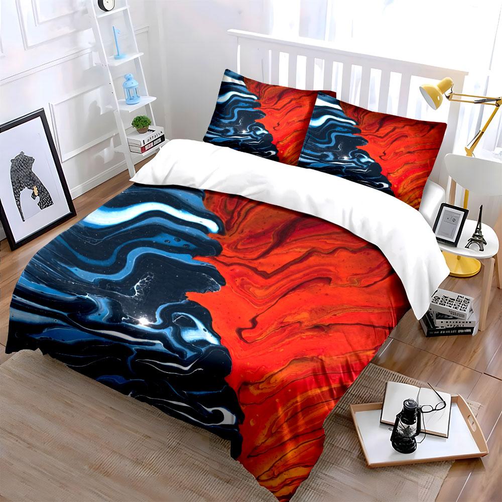3Pcs Fire and Water Fluid Art Bedding Set, Red and Blue Abstract Print Duvet Cover + 2 Pillowcases, Bold Decor