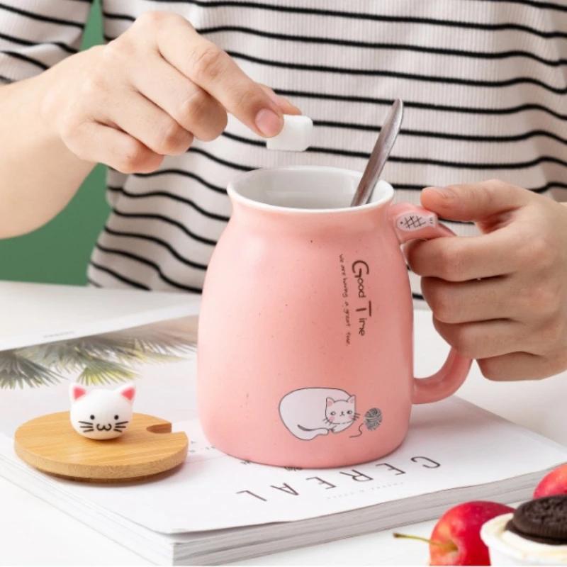 Cute Creative Cat Ceramic Coffee Mug with Lid and Spoon Kawaii Cartoon Kitten 450ml Gift Children Couple's Water Cup Drinkware
