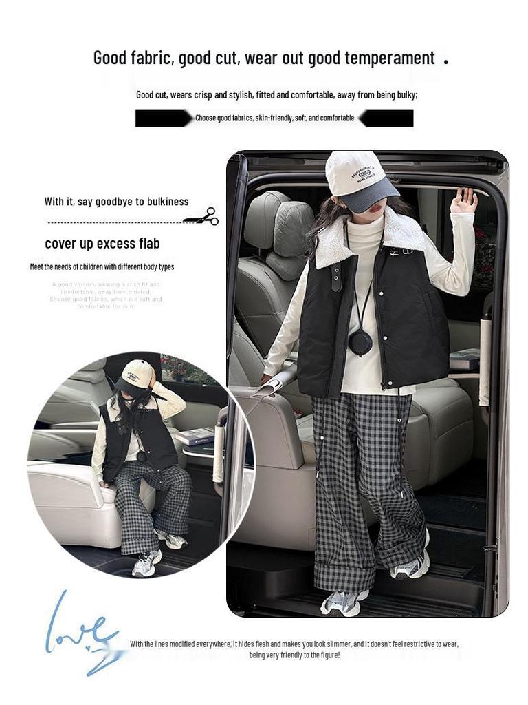 Комплект зимнего хлопкового жилета и клетчатых брюк на флисовой подкладке для девочек, 2025