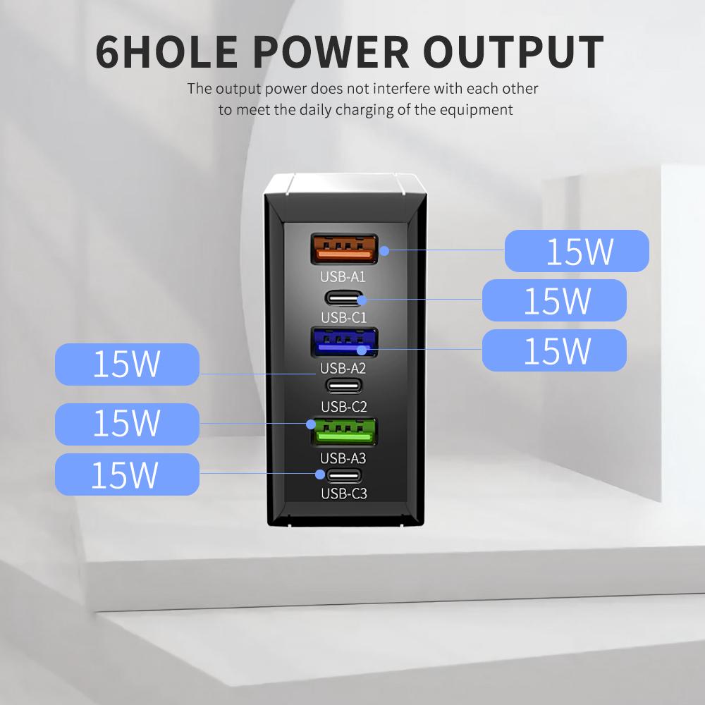 65 Вт 6-портовое USB-зарядное устройство Type C с быстрой зарядкой QC3.0, дорожное зарядное устройство для iPhone, Samsung, Xiaomi, адаптер для мобильного телефона, вилка ЕС и США