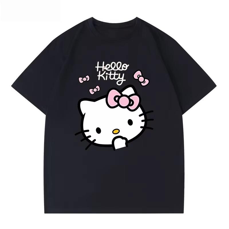 Летняя футболка с мультяшным принтом HelloKitty 2026 года, повседневная хлопковая футболка с коротким рукавом для взрослых и детей, милый кавайный стиль streetwear
