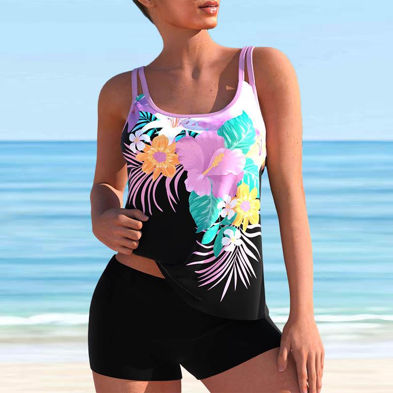 Women's Shoulder Strap Swimsuit Multicolored Pattern Print Bikini Tankini Swimsuit