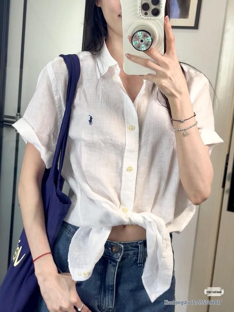 2025 Summer Ralph RL Little Pony Embroidered Pure Linen Goddess Short-Sleeved Shirt