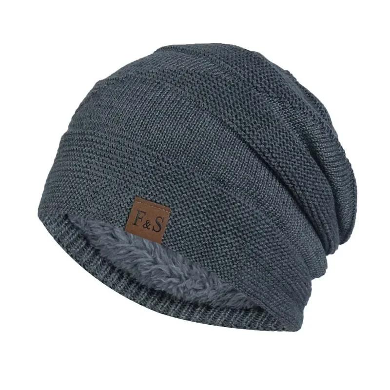 New Unisex Slouchy Winter Hats Add Fur Lined Men And Women Warm Beanie Cap Casual Label Decor Winter Knitted Hats