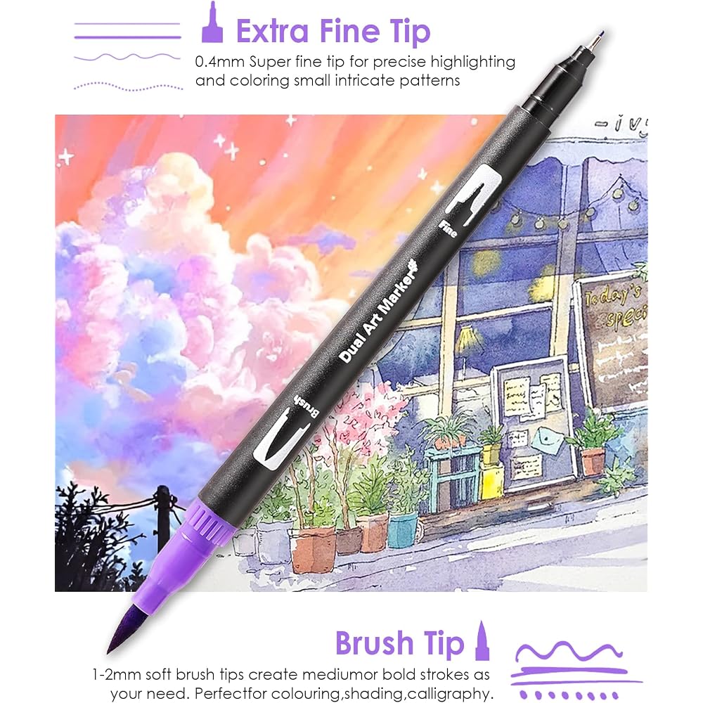 TOSHARE (TOSHARE) Art Marker Pen Dual Tip Coloring Marker Set with Brush & Fine Tip Adult Colorin...