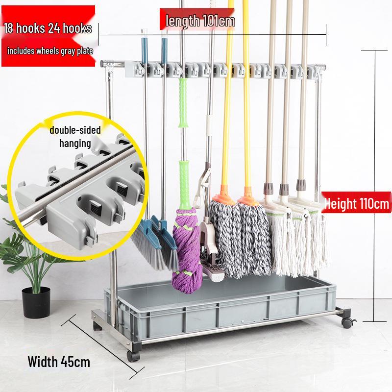 Stainless Steel Floor-standing Mop and Broom Rack with Balcony Storage